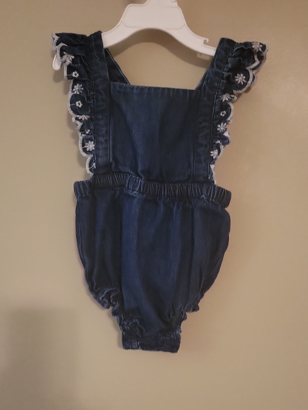 Super cute dark denim embrodiered ruffle romper